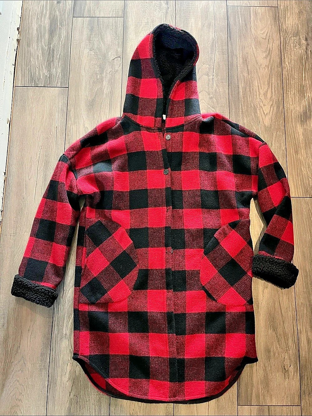 Pepper & Zoe True North Coatigan Red & Black Plaid Hooded Jacket